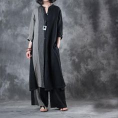 Comfortable, One of Kind. Blouses online shop,|Elegant|Linen|Knee-Length|Ninth Sleeve|Stand Collar|Button|Striped|Black|One Size|Spring/Fall|Hand Wash|Top Tunik Linen, Long Shirt Outfits, Season Outfits, Suits Black, Tunics Online, Loose Tunic, Linen Fashion, Illustration Fashion Design, Blouse Pants