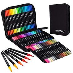 a case filled with lots of different colored markers and pencils next to each other