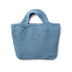 a blue crocheted bag on a white background with the handle up to show it's handles