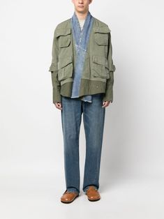 Find GREG LAUREN Hybrid Cotton Military Jacket on Editorialist. khaki cotton layered design denim trim shawl lapels long sleeves press-stud fastening cuffs four front flap pockets asymmetric hem We've partnered with Good On You — an independent agency that rates how brands perform in relation to their impact on the planet, people and animals, with a multi-criteria rating simplified to a five points scale. In order to be awarded our conscious label, larger brands need to score a minimum of four out of five ('Good'), while smaller brands must score at least three out of five ('It's a start'). This item comes from a brand rated four out of five ('Good') by Good on You. Please note, this is a brand-level rating and does not guarantee that this product is made with conscious materials. Learn mo Utility Style Khaki Denim Jacket With Flap Pockets, Khaki Utility Jacket With Pockets For Layering, Cotton Utility Jacket For Layering, Green Denim Outerwear With Pockets, Greg Lauren, Military Jacket Green, Planet People, Layered Design, Layers Design