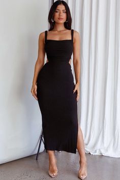 Shop the Dream Crush Lace-Up Back Side Split Midi Dress Black | Selfie Leslie Fitted Midi-length Backless Dress With Tie Back, Tie-back Midi Dress For Night Out, Fitted Tie-back Midi Dress For Date Night, Stretch Midi Dress With Tie Back, Spring Black Backless Dress With Lace-up Back, Chic Backless Midi Dress With Lace-up Back, Chic Black Maxi Dress With Strappy Back, Black Backless Dress With Lace-up Back For Date Night, Fitted Midi Dress With Cutout Back For Date Night