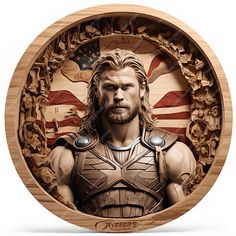 a wooden plaque with the likeness of thor on it