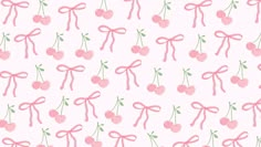 cherries with pink bows and green leaves on a white background seamless wallpaper