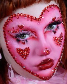 Bedazzled makeup Halloween Makeup Creative, Bedazzled Makeup, Clown Looks, Creepy Gals, Bar Makeup, Heart Face Makeup, Valentines Makeup