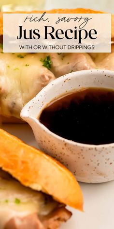 a white plate topped with food next to a cup of sauce and bread wedges