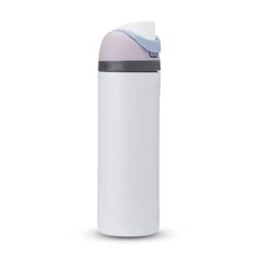 a white and blue water bottle on a white background