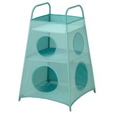 three tiered blue plastic storage bin with holes on the sides and wheels for storing items