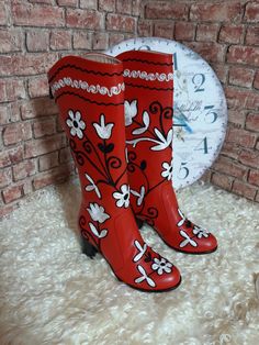 Handmade genuine leather custom made women boots. #customboots #leatherboots #suzaniboots #platformboots #bemyboots #cityboots #festivalboots #womenboots #outdoorfit Embroidered Red Boots With Round Toe, Red Embroidered Boots With Round Toe, Bohemian Red Leather Boots, Traditional Hand Tooled Leather Boots, Embroidered Leather Closed Toe Boots, Traditional Festival Boots With Leather Sole, Winter Leather Boots With Embroidery, Winter Embroidered Leather Boots, Handmade Bohemian Leather Boots