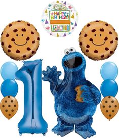 PRICES MAY VARY. (1) 35" Jumbo Cookie Monster Shape Foil Balloon, (1) 34" Giant Blue Number 1 Shape Foil Balloon, (2) 21" Chocolate Chip Cookie Balloons, (1) 18" Birthday Present Foil Balloon, (6) 11" Latex Balloons 2- Pale Blue, 2- Dark Blue and 2- Mocha Brown with Brown Polka Dots. Just add Helium to the balloons and ENJOY. Inflate balloons same day of event. Latex balloons have an average indoor float time of 12-24 hours. Foil balloons can last multiple days if filled and stored properly. Bal 1st Birthday Balloon Decorations, Monster Shapes, 1st Birthday Balloons, Sesame Street Cookie Monster