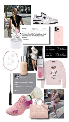 a collage with pink and white items including shoes, handbag, tennis racquet