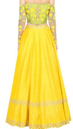 This lehenga is made in dupion silk with full handwork thread embroidery. The dupatta of this outfit has 2 options, one with Single color with single border embroidery( as on model) and Second option with double colour with 2 Borders of embroidery (as on dummy). Indian Lenghas, Green Dupatta, Ghaghra Choli, Sari Design, Yellow Lehenga, Add Sleeves, Lehenga Online, Second Option, Lehenga Choli Online