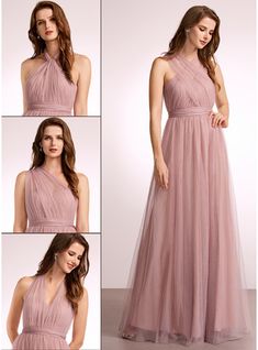 four photos of a woman in a pink dress with multiple angles to show the front and back