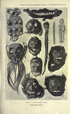 an old book with masks and other items