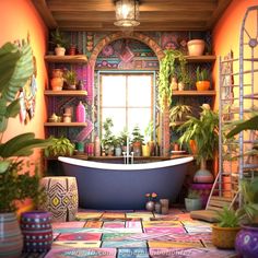 a bathroom with plants and potted plants on the shelves above the bathtub in front of an open window