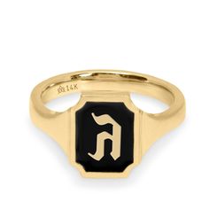 The perfect gift for yourself or loved ones, the Tom ring captivates the eye with its gleaming rich black enamel with a Hebrew letter of your choosing. Our contemporary collection of the Hebrew alphabet, handcrafted by our Hotcrown team, is inspired by the blend of ancient and modern Jewish culture. This harmonious collection represents perpetuity, refinement, empowerment, and originality. Any gold Hebrew letter stuns on your finger effortlessly catching the light. All features can be customized! Please contact us if you wish to make changes, we love making custom designs. All of our jewelry is carefully handmade in our atelier. *HC diamond are all conflict-free diamonds To order by phone 972-72-2991000 Black Symbolic Jewelry For Promise, Classic Enamel Ring As Gift, Classic Enamel Ring Gift, Classic Black Enamel Round Ring, Black Enamel Rings For Anniversary, Black Enamel Ring In Fine Jewelry Style, Elegant Black Monogram Jewelry, Classic Gold Enamel Signet Ring, Classic Enamel Ring With Polished Finish As A Gift