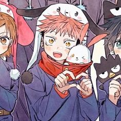 some anime characters are posing for a picture together with cats on their heads and one is holding a cat