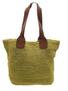 Lime green jute thread tote bag with genuine leather strap Material: Jute thread and genuine leather Color: Lime green Type: Tote bag Strap: Shoulder strap Top: Zipper, button closure Inside: Open pocket, zipper pocket, cotton lining Dimensions (L x W x D inches): 19" x 25.5" Shoulder strap (L inches): 8 Khaki Tote Straw Bag For Daily Use, Green Straw Bag With Double Handle, Eco-friendly Green Hobo Bag For Travel, Everyday Use Khaki Straw Tote Bag, Khaki Straw Tote Bag For Everyday Use, Green Rectangular Jute Shoulder Bag, Green Satchel Canvas Bag For Summer, Casual Green Bags With Braided Handles, Green Hobo Tote Bag For Vacation