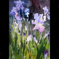 watercolor painting of purple and white flowers in the grass with green leaves on it