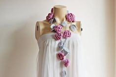 Pastel Rose Scarf-Rose Crochet Scarf-Pink Lariat Necklace -Pink Roses with Gray Leaves-Christmas Gif Pink Crochet Necklace, Necklace Scarf, The Day After, Lariat Necklace, Pink Roses, Crochet Necklace, Gift For Her, Roses, Pastel