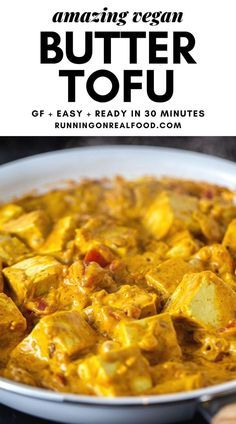 the cover of amazing vegan butter tofu is shown in front of a skillet