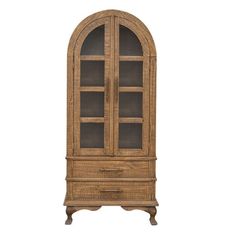 an old wooden cabinet with glass doors on the top and bottom shelf, against a white background