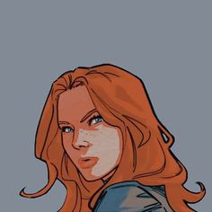 a drawing of a woman with red hair and blue eyes, wearing a denim jacket