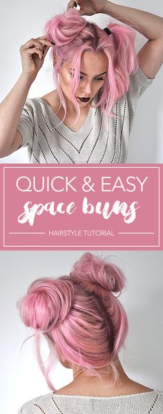 Pink Hairstyles, Top Knot Hairstyles, Space Buns, Hair Bun Tutorial, Boring Hair, Hairstyle Tutorial, Hair Coloring