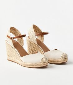 Seersucker Espadrille Wedges | Loft Casual Fabric Heels With Ankle Strap, Spring Straw Comfortable Wedge Sandals, Chic Summer Espadrilles With Cushioned Footbed, Spring Straw Wedge Sandals, Cream Straw Espadrilles With Round Toe, Summer Espadrilles With Cushioned Footbed And Round Toe, High Heel Straw Espadrilles For Spring, Spring High Heel Straw Espadrilles, Beige Wedge Sandals For Spring Outings