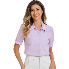 This shirt is suitable for office, work, seminar, or anywhere requiring formal wearing, and easy to easy-to-match skirt, jeans, or any pants. Create a chic style for your daily career wardrobe with this work shirt. A basic button-up firm shirt with elegant looking, stylish, and feminine. A chic and feminine short-sleeve blouse with a spread collar brings instant romance to any look. Solid Color Office Lady Blouse For Semi-formal Occasions, Semi-formal Solid Office Blouse, Spring Office Lady Shirt, Professional Button-up Tops For Office Wear, Collared Office Blouse With Back Button Closure, Collared Office Lady Blouse For Office Wear, Office Lady Button-up Blouse For Workwear, Collared Blouse For Office, Office Lady Style, Office Lady Style Collared Blouse For Office Wear