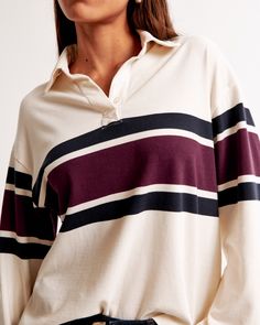 Women's Long-Sleeve Rugby Polo Top | Women's Tops | Abercrombie.com Polo Style Women, Women Rugby Shirt Outfit, Men’s Rugby Shirt Outfit, Rave Party Outfit, Striped Rugby Shirt, Vintage Rugby Shirt, Long Sleeve Rugby Shirts, Long Sleeve Mini, Knit Mini Dress