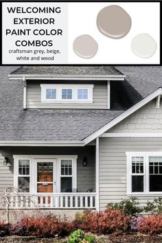 a gray house with white trim and two brown circles on the front door, along with an advertisement for paint color combos