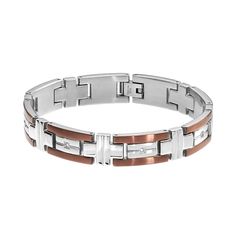 "Diamonds and brown stainless steel accents make this men's bracelet a contemporary choice you're sure to love.BRACELET DETAILSLength: 8.5 in.Clasp: fold-overMetal: stainless steel, brown stainless steelDIAMOND DETAILSTotal weight: 1/6 ct.Cut: roundColor grade: H-IClarity: I2-I3Setting: prongImage(s) may be enlarged to show detail.Diamond weights are approximate. Diamond total weights may vary between .01 and .08 ct. Some diamonds have fewer than 17 facets.Gemstones may have been treated to enha Mens Diamond Bracelet, Stainless Steel Bracelet Men, Bracelet Men, Jewelry Clasps, Men's Bracelet, Womens Fashion For Work, Cartier Love Bracelet, Italian Charm Bracelet, Steel Bracelet