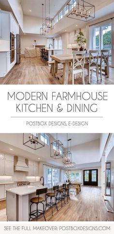 modern farmhouse house kitchen and dining postcard design with white cabinets, wood flooring and chandelier