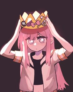 a girl with pink hair wearing a crown