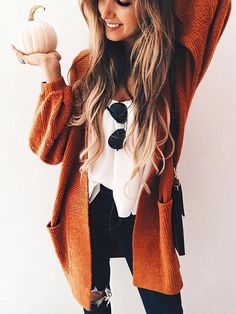 Mode Shoes, Boho Mode, Orange Cardigan, Long Sleeve Knitted Cardigan, Cardigan Outfits, Long Sleeve Knit Sweaters, Cardigan Top, Kimono Cardigan