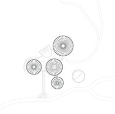 an abstract drawing of three circular objects on a white background with lines and circles around them