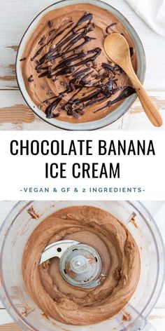 chocolate banana ice cream in a glass bowl with a wooden spoon next to it and the text overlay reads, chocolate banana ice cream