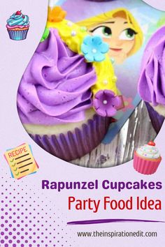 Check out these adorable Rapunzel cupcakes, inspired by Disney's Tangled! Perfect for a princess-themed party, these sweet treats will bring a touch of magic to any celebration. If your little one loves Rapunzel as much as we do, these cupcakes are sure to be a hit! Easy to make and so much fun, they’re the perfect addition to your Disney princess party. Click to discover how to make these delightful party treats! Tangled Party Ideas, Kid Friendly Party Food, Cute Rapunzel, Disney Party Foods, Rapunzel Cupcakes, Kids Birthday Snacks, Kids Birthday Food, Kids Party Snacks, Disney Inspired Food