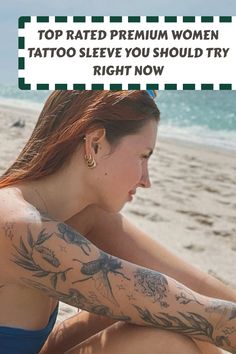 a woman with tattoos sitting on the beach