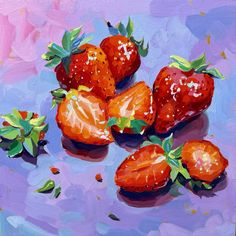 a painting of strawberries on a purple background