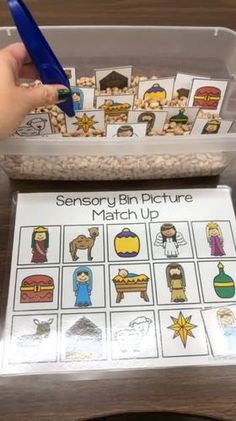 nativity vocabulary sensory bin Advent Sensory Bin, Baby Jesus Activities For Preschoolers, Christmas Party Activities For Preschool, Toddler Parent Gifts Christmas, Sensory Table Christmas, Sensory Bins For 2 Year, Christmas Play Activities, Christian Sensory Bin, Table Toys For Preschool