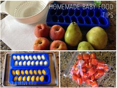 some apples, pears and eggs in trays on a counter with the words homemade baby food tips