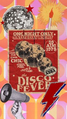 an advertisement for disco fever on the side of a wall with various items around it