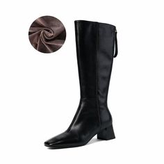 #Color_Black Winter Boots With Zipper Closure And Square Toe, Winter Faux Leather Boots With Low Heel, Winter Leather Mid-calf Boots With Low Heel, Leather Martin Boots For Winter, Low Heel Winter Boots For Workwear, Low Heel Winter Office Boots, Low Heel Winter Work Boots, Winter Wide Calf Heeled Boots With Zipper, Low Heel Winter Boots For Office