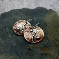 Yin Yang Earrings Mixed Metal Earrings Spiritual Jewelry Yoga - Etsy Silver Spiritual Copper Earrings, Spiritual Silver-colored Copper Earrings, Silver Electroformed Earrings, Spiritual Round Metal Earrings, Electroformed Round Metal Earrings, Round Electroformed Metal Earrings, Yin Yang Jewelry, Wood Jewelery, Hammered Jewelry