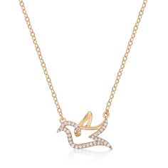 Send wishes of peace and happiness when you wear this symbolic diamond dove necklace in gold-plated silver. Crafted in sterling silver with 18K gold plate Diamonds sparkle along this sweetly looped dove outline. Captivating with 1/8 ct. t.w. of diamonds This design suspends centered along a cable chain that secures with a spring-ring clasp. 18.0-inch total length. Elegant Gold Necklace With Bird Design, Dove Outline, Diamond Dove, Dove Necklace, Peace And Happiness, Bird Pendant, Gold Plated Silver, Metal Rings, Spring Rings