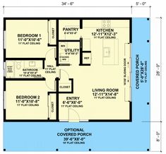 the floor plan for a two bedroom, one bathroom apartment with an attached kitchen and living room