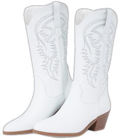 Pointed Toe Cowboy Boots, White Cowgirl Boots, Cowboy Boots For Women, Wide Calf, Boots Women, Boots For Women, Mid Calf Boots, Cowgirl Boots, Chunky Heel