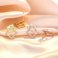 Style: Simple Trendy Rose Gold Pierced Earrings, Women's Earrings, Yellow Gold, Square, Yellow, Gold