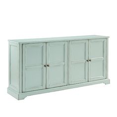 a white cabinet with three doors and two drawers on the bottom, in front of a white background